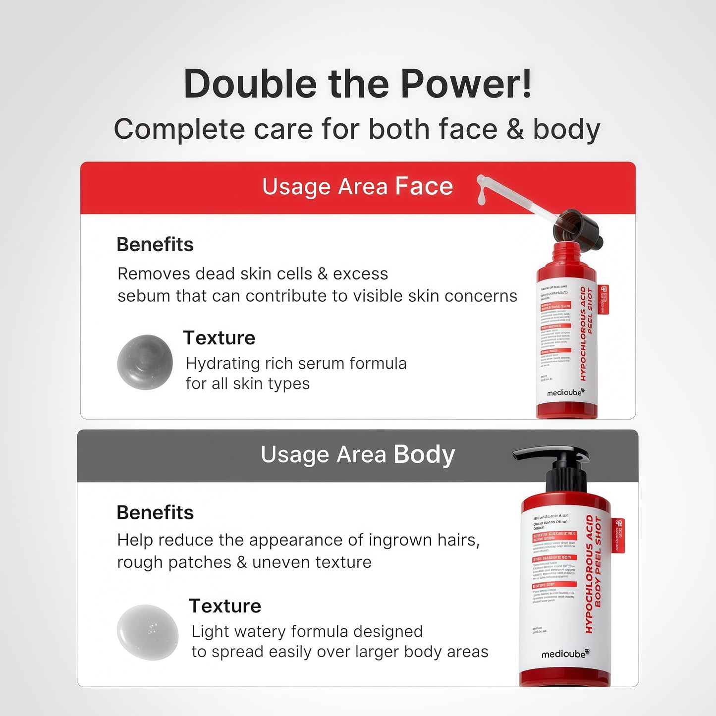 medicube Hypochlorous Acid Peel Shot Duo for Face & Body: Hypochlorous Acid Facial & Body Peel Shot | Exfoliating Serum Set with Rice Extract, Panthenol | Hydrating, Calming & Texture Refining Care