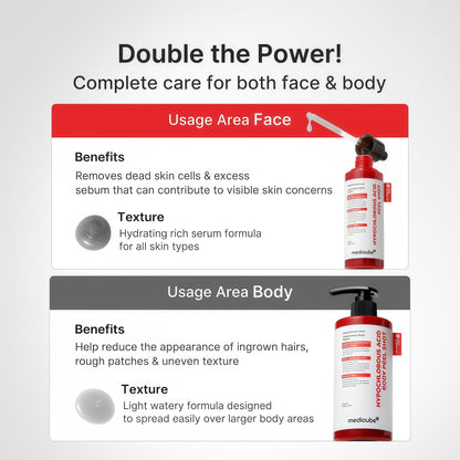 medicube Hypochlorous Acid Peel Shot Duo for Face & Body: Hypochlorous Acid Facial & Body Peel Shot | Exfoliating Serum Set with Rice Extract, Panthenol | Hydrating, Calming & Texture Refining Care